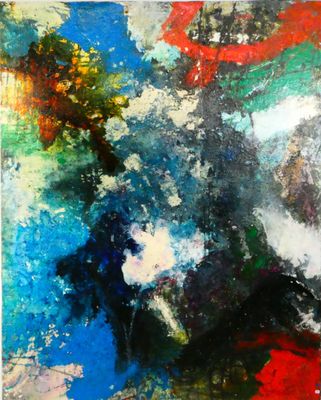 une peinture abstraite aux couleurs rouge, blanc, bleu et vert