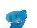 a blue vase with a gold rim and a face on it