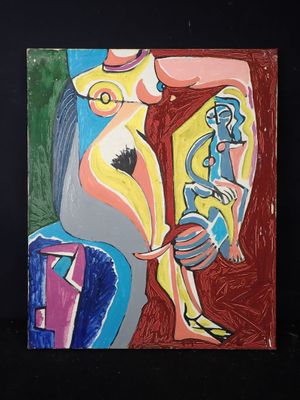 un tableau représentant une femme tenant un vase posé sur une table