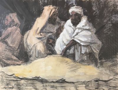 a painting of a man and a woman sitting on a bed