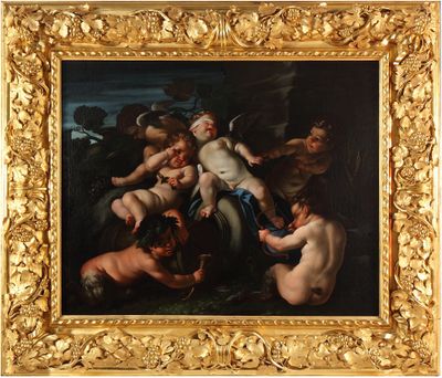 un tableau représentant un groupe d'hommes nus dans un décor boisé