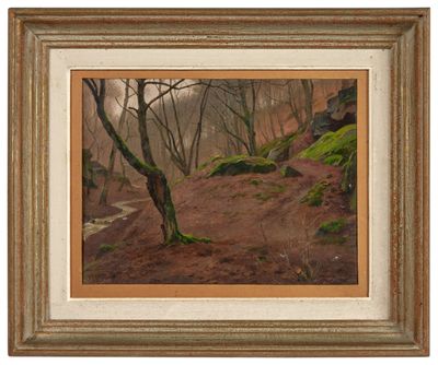 un tableau représentant un paysage boisé avec des arbres et des rochers
