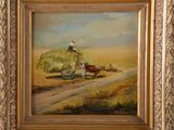 an oil painting of a man on a wagon pulled by a cow