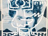 an image of a blue and white poster with a man ' s face on it