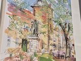 a picture of a painting of a building with a clock on it