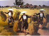 painting of a group of men carrying bundles of hay in a field