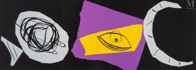 an image of a black and yellow painting with a purple and yellow design