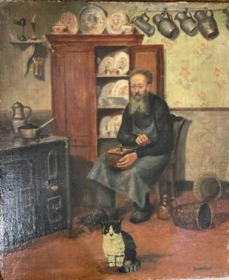 painting of a man sitting in a chair with a cat in front of him