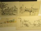 trois dessins représentant des personnes dans un parc, avec une balançoire et un arbre