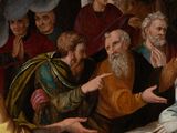 an image of a painting of a group of people sitting around a man on a bed