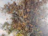 an oil painting of a group of trees in a wooded area