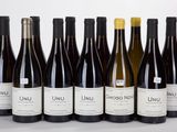 six bottles of wine are lined up in a row on a white surface