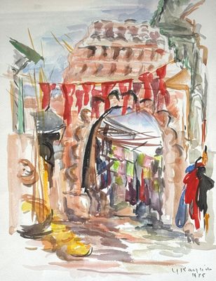 a watercolor painting of a street market with people