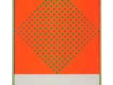 an orange and green painting with dots on it