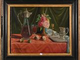 une peinture à l'huile représentant une nature morte avec un vase et d'autres objets