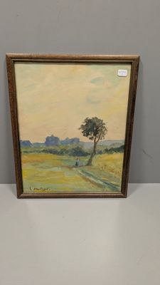 une peinture à l'huile représentant un arbre solitaire dans un champ, avec un ciel jaune