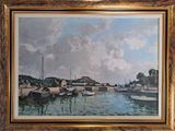 a painting of a harbor scene with boats in the water