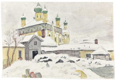 painting of a church in a snowy landscape with a bird flying by