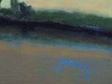 an oil painting of a river with trees in the background