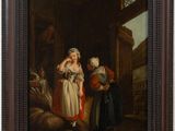 a painting of a woman in a white dress talking to a man in a red dress