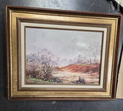 un tableau représentant un paysage avec des arbres et des buissons, dans un cadre doré