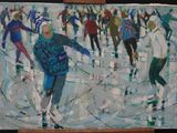 a painting of a group of people skating on the ice