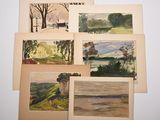four watercolor paintings of trees and a bench on a white surface