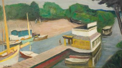 un tableau représentant des bateaux amarrés à un quai au bord de l'eau