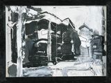a black and white painting of an old truck in the street
