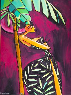 painting of a woman leaning against a palm tree with a pink sky in the background