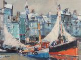a painting of boats docked in a harbor with buildings in the background
