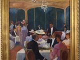 tableau représentant un groupe de personnes assises à une table dans un restaurant