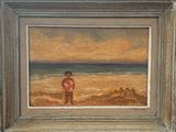 an oil painting of a boy on the beach by the ocean