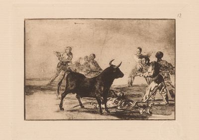 a drawing of a bull and people in a field