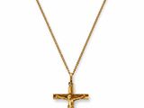 a gold cross pendant with a chain on a white background