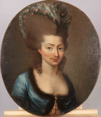 portrait of a lady in a blue dress with a feathered hat