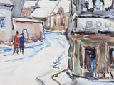 a painting of people walking down the street in the snow