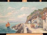 a painting on a easel with a sailboat in the water