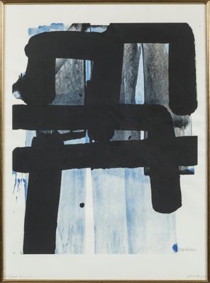 une image représentant une peinture abstraite en noir et blanc, dans un cadre doré