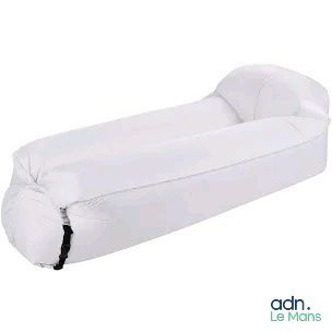 the inflatable lounger is white and has black straps