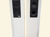 pair of speakers with black and white trims on a white background