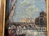 painting of a city scene with a boat in the foreground