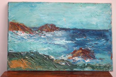 une peinture à l'huile représentant un tableau de l'océan avec des rochers en arrière-plan