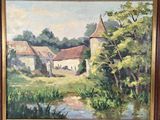 une peinture à l'huile représentant une scène de campagne avec un étang au premier plan