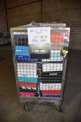 a cart with a lot of boxes on it in a warehouse