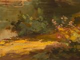 an image of a painting of a river with flowers in the foreground