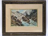 a painting of a mountain scene with rocks and water