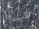 an image of a black and white drawing of a ship in the water