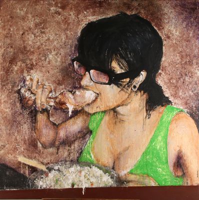 a painting of a woman eating a piece of pizza