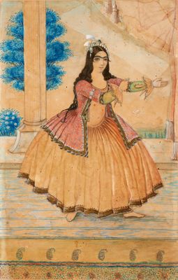 un tableau représentant une femme en robe rose tenant un bol